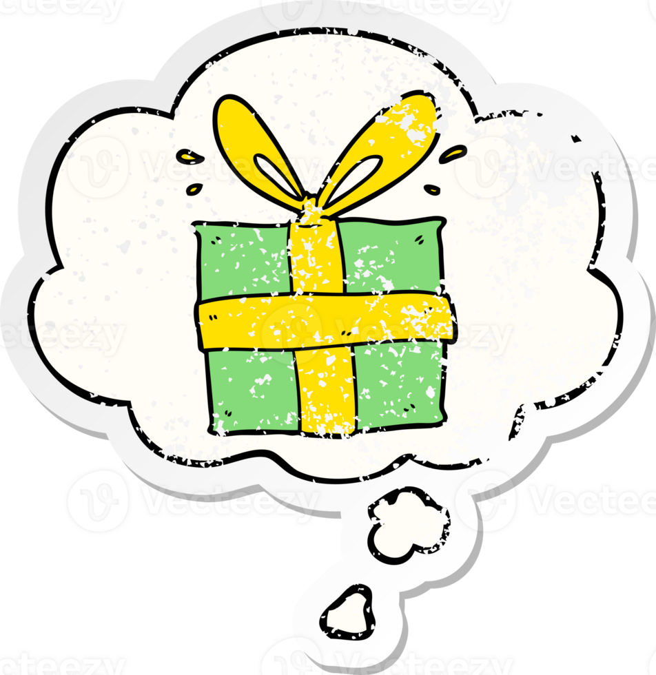 cartoon wrapped gift with thought bubble as a distressed worn sticker png