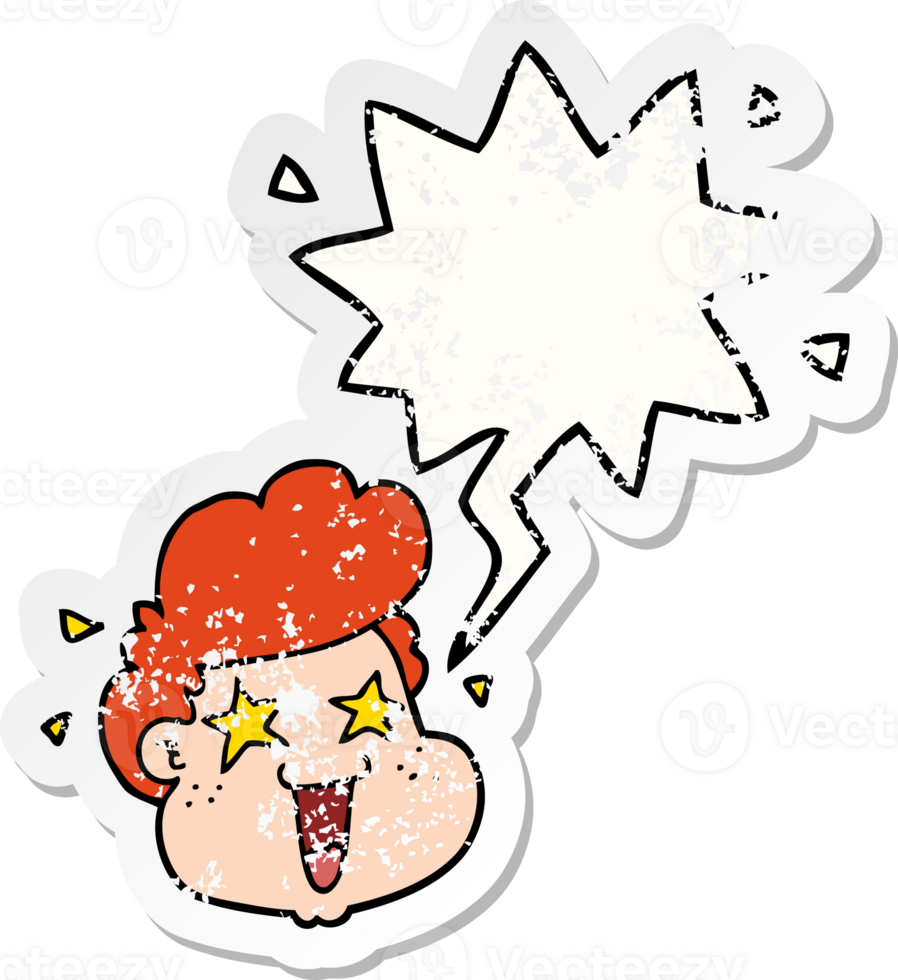 cartoon boy's face with speech bubble distressed distressed old sticker png