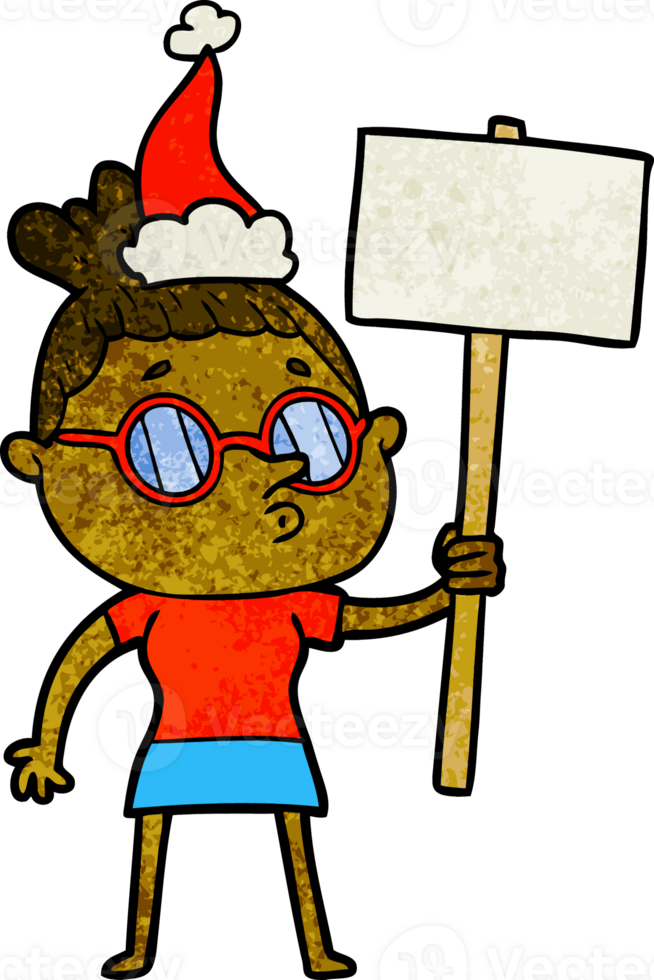hand drawn textured cartoon of a woman wearing glasses wearing santa hat png