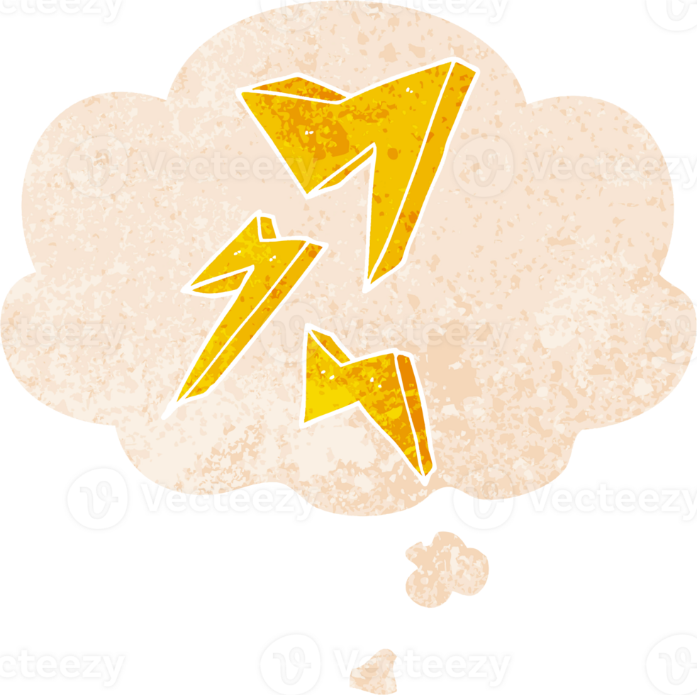 cartoon lightning bolt with thought bubble in grunge distressed retro textured style png