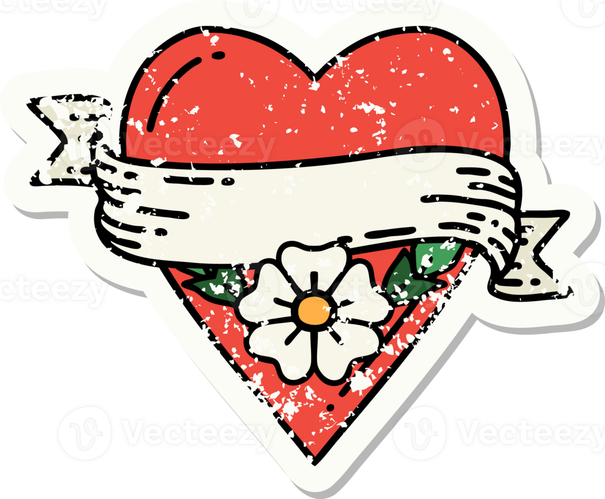 distressed sticker tattoo in traditional style of a heart flower and banner png
