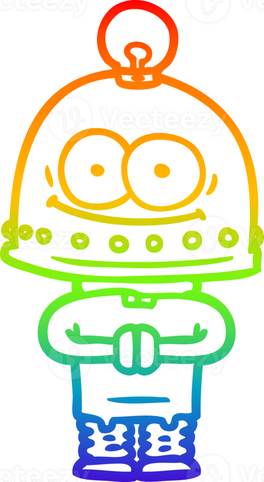 rainbow gradient line drawing of a happy carton robot with light bulb png