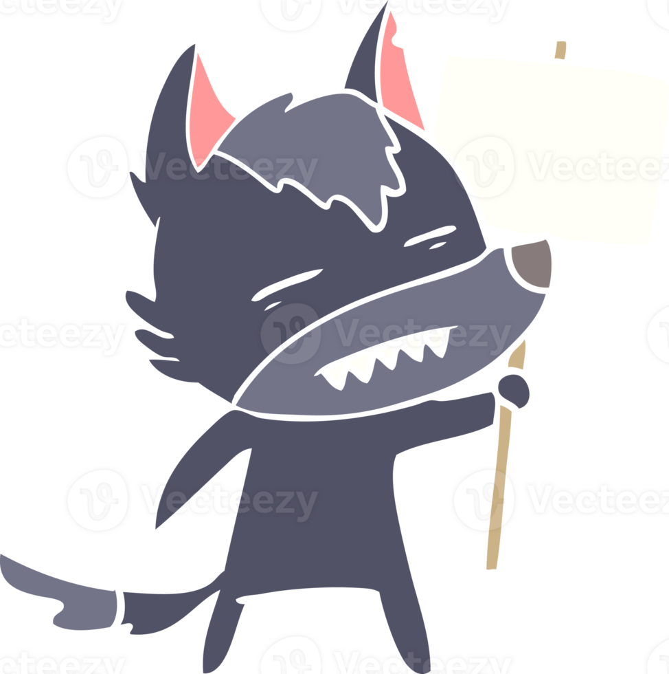 flat color style cartoon wolf with sign post showing teeth png