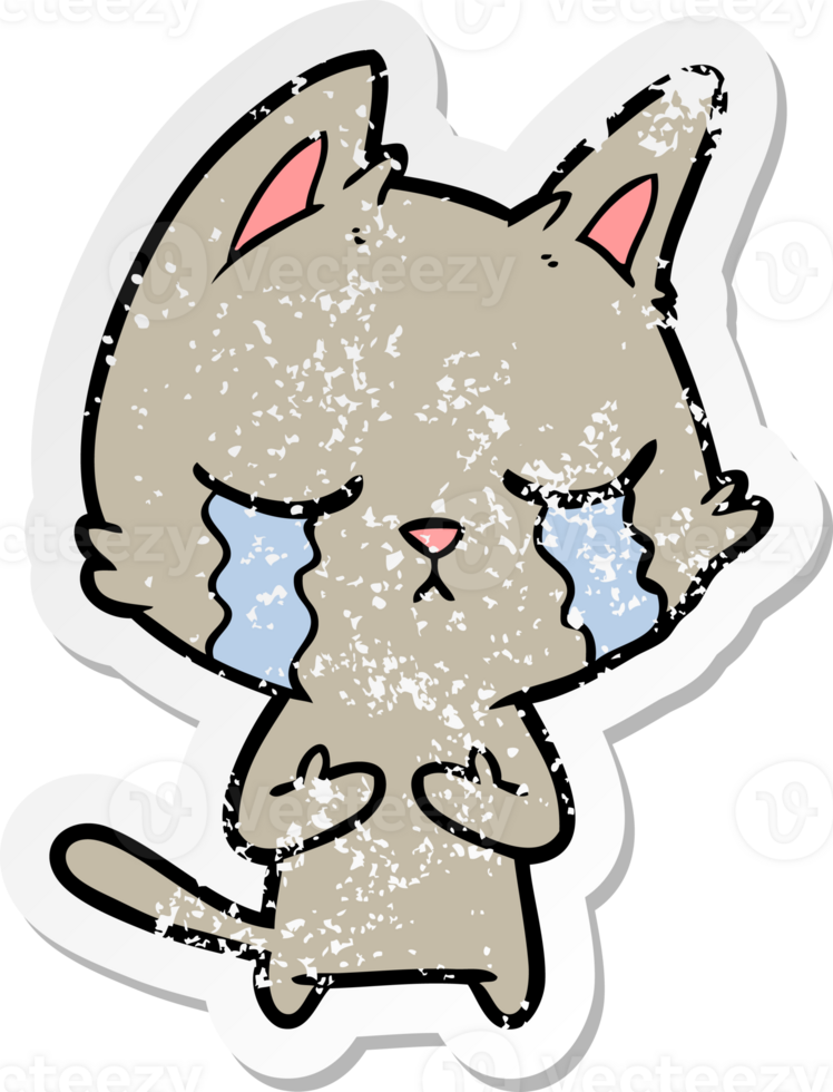 distressed sticker of a crying cartoon cat png