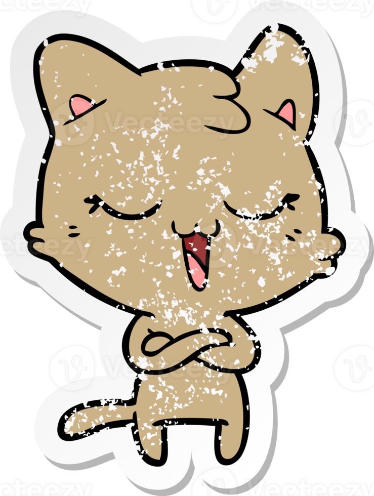 distressed sticker of a happy cartoon cat png