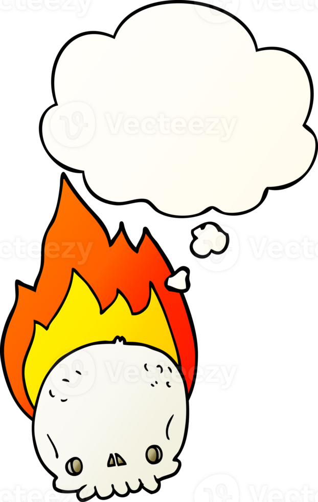spooky cartoon flaming skull with thought bubble in smooth gradient style png