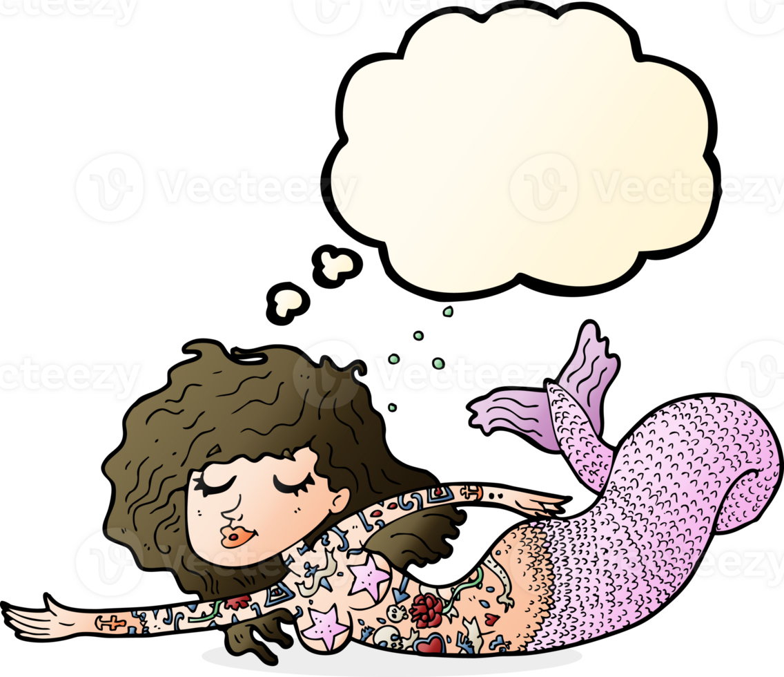 cartoon mermaid with tattoos with thought bubble png