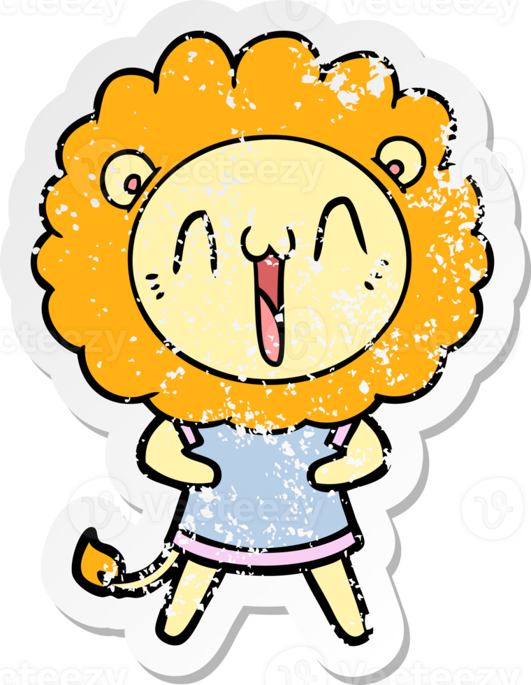 distressed sticker of a happy cartoon lion png