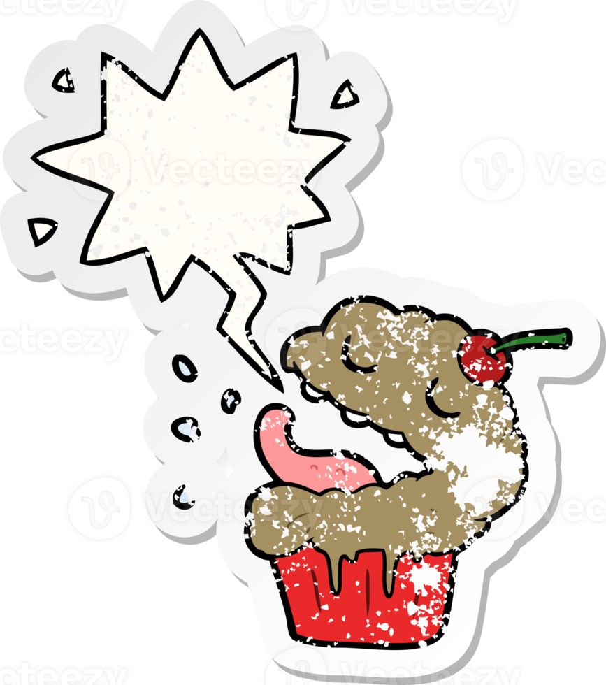 funny cartoon cupcake with speech bubble distressed distressed old sticker png