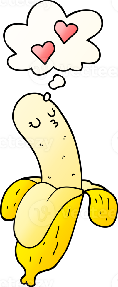 cartoon banana in love with thought bubble in smooth gradient style png