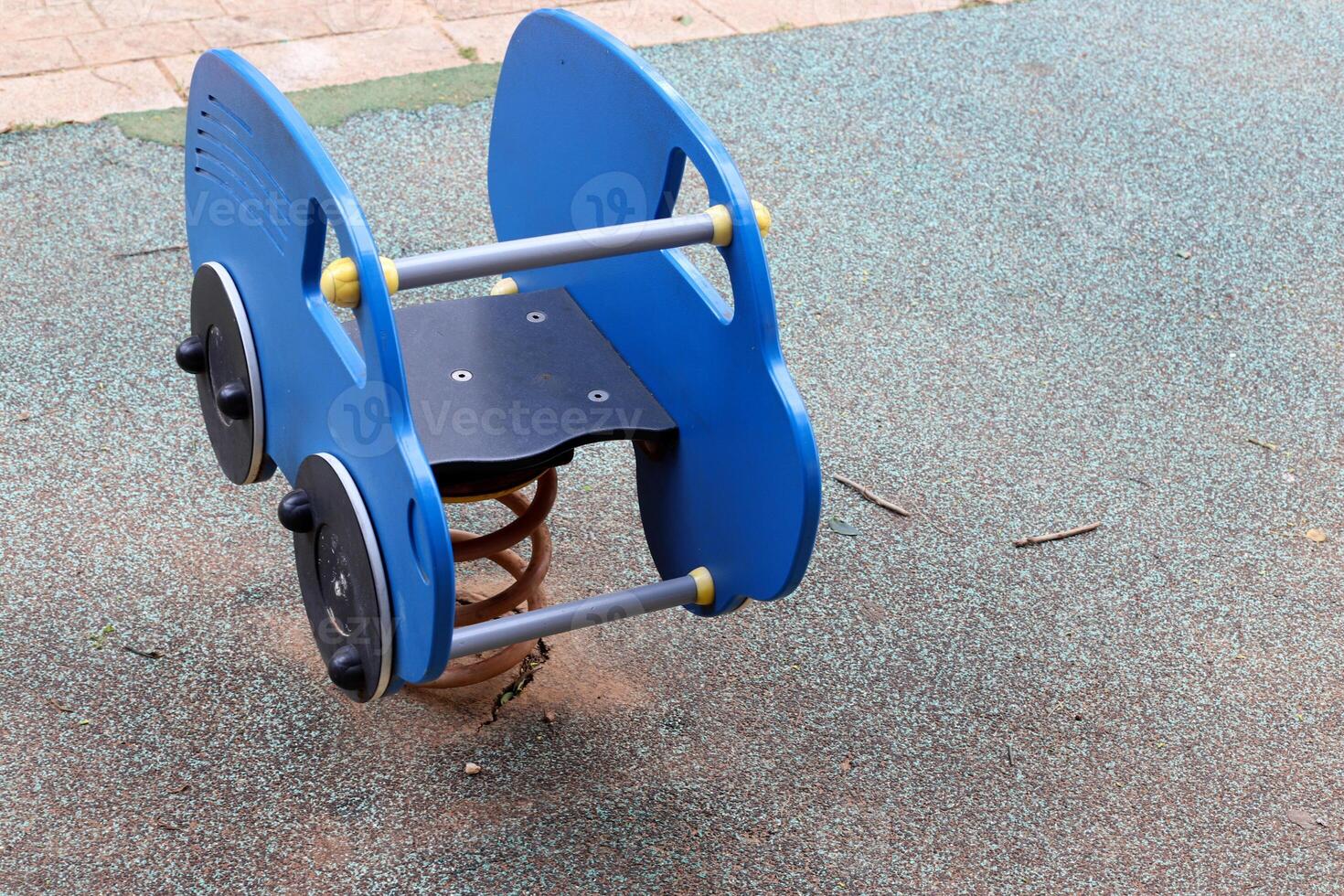 Items for games and sports on the playground in the city park. photo