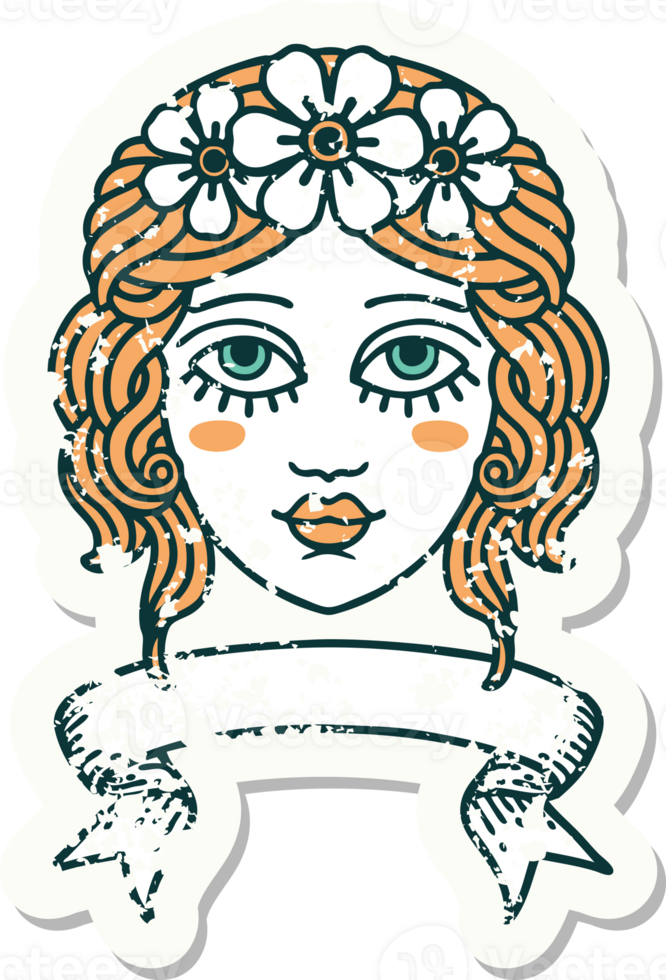 worn old sticker with banner of female face with crown of flowers png