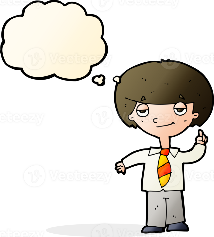 cartoon school boy answering question with thought bubble png