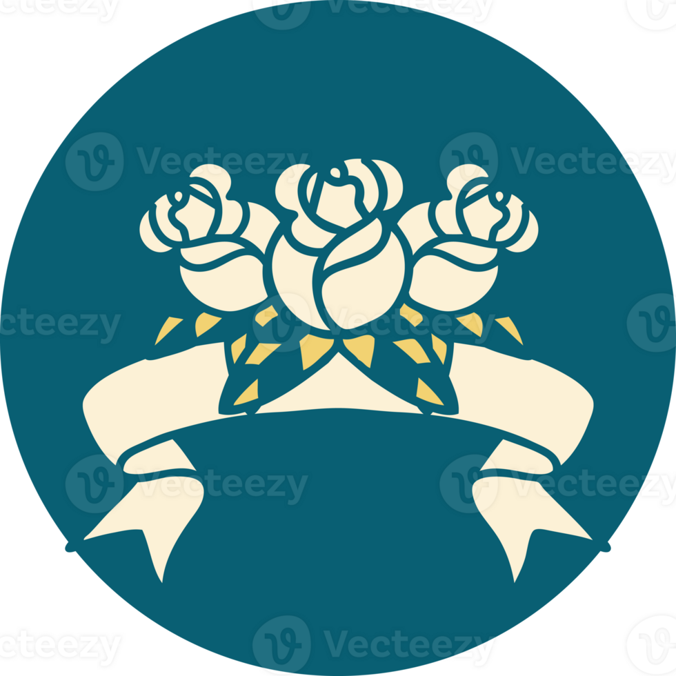 tattoo style icon with banner of a bouquet of flowers png