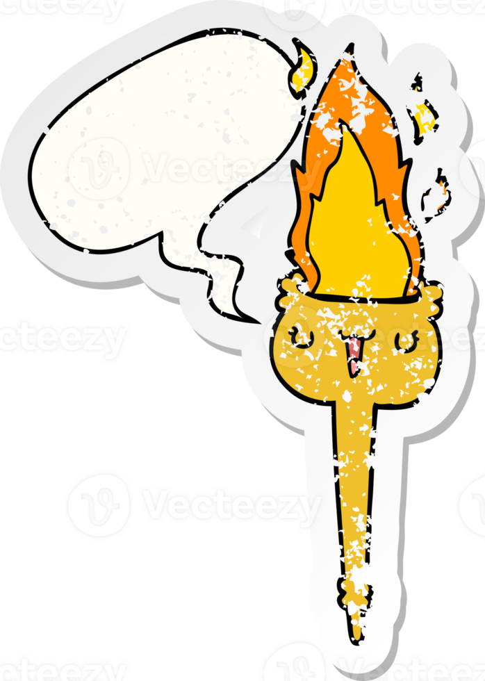 cartoon flaming torch with speech bubble distressed distressed old sticker png