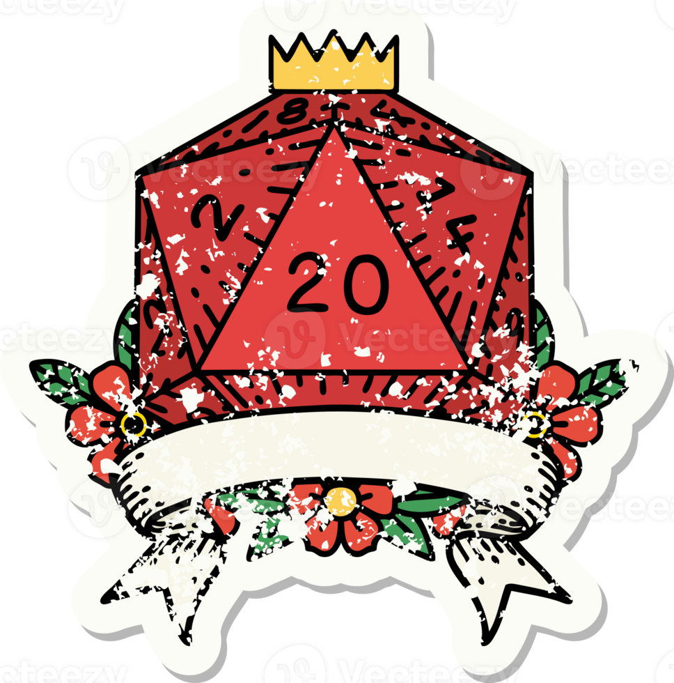 grunge sticker of a natural 20 critical hit D20 dice roll png