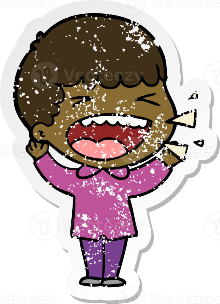 distressed sticker of a cartoon laughing man png