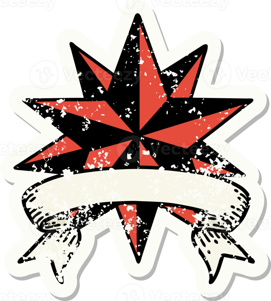 worn old sticker with banner of a star png