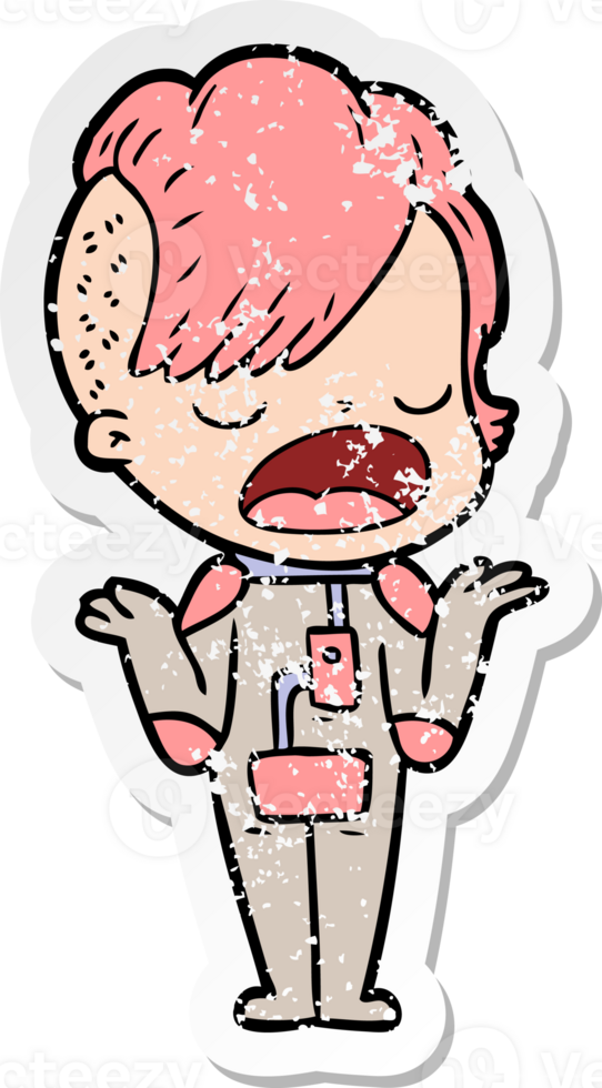 distressed sticker of a cartoon cool hipster girl in space suit png