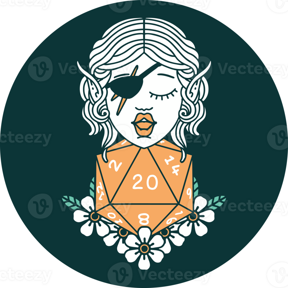 icon of elf rogue character with natural twenty dice roll png