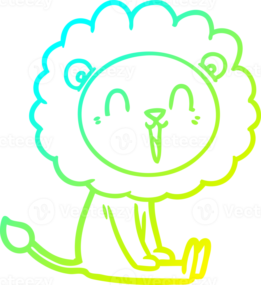 cold gradient line drawing of a laughing lion cartoon sitting png