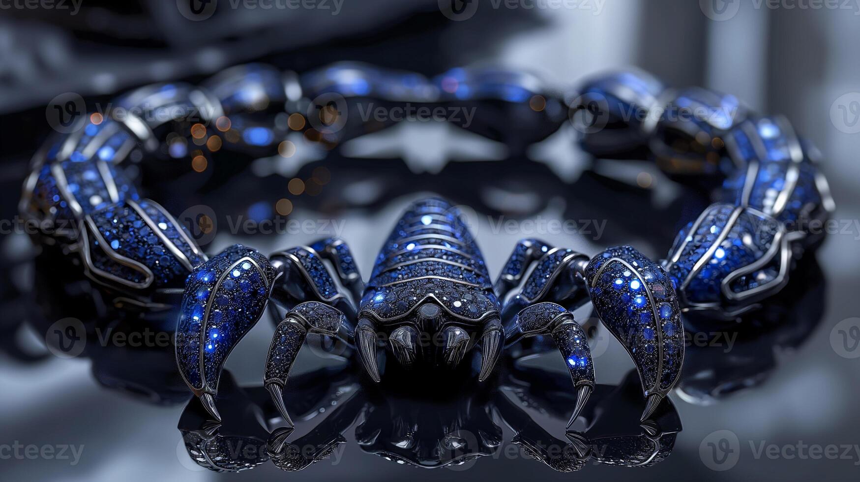 An edgy, futuristic scorpion-shaped bracelet featuring neon blue sapphires and polished silver. photo