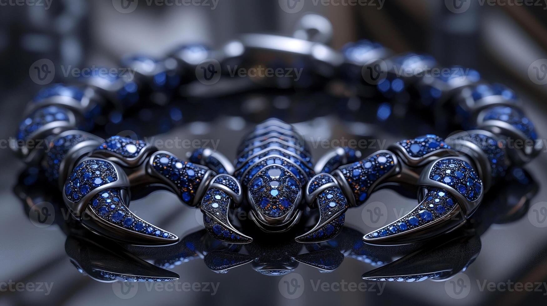 un tenso, futurista en forma de escorpión pulsera presentando neón azul zafiros y pulido plata. foto