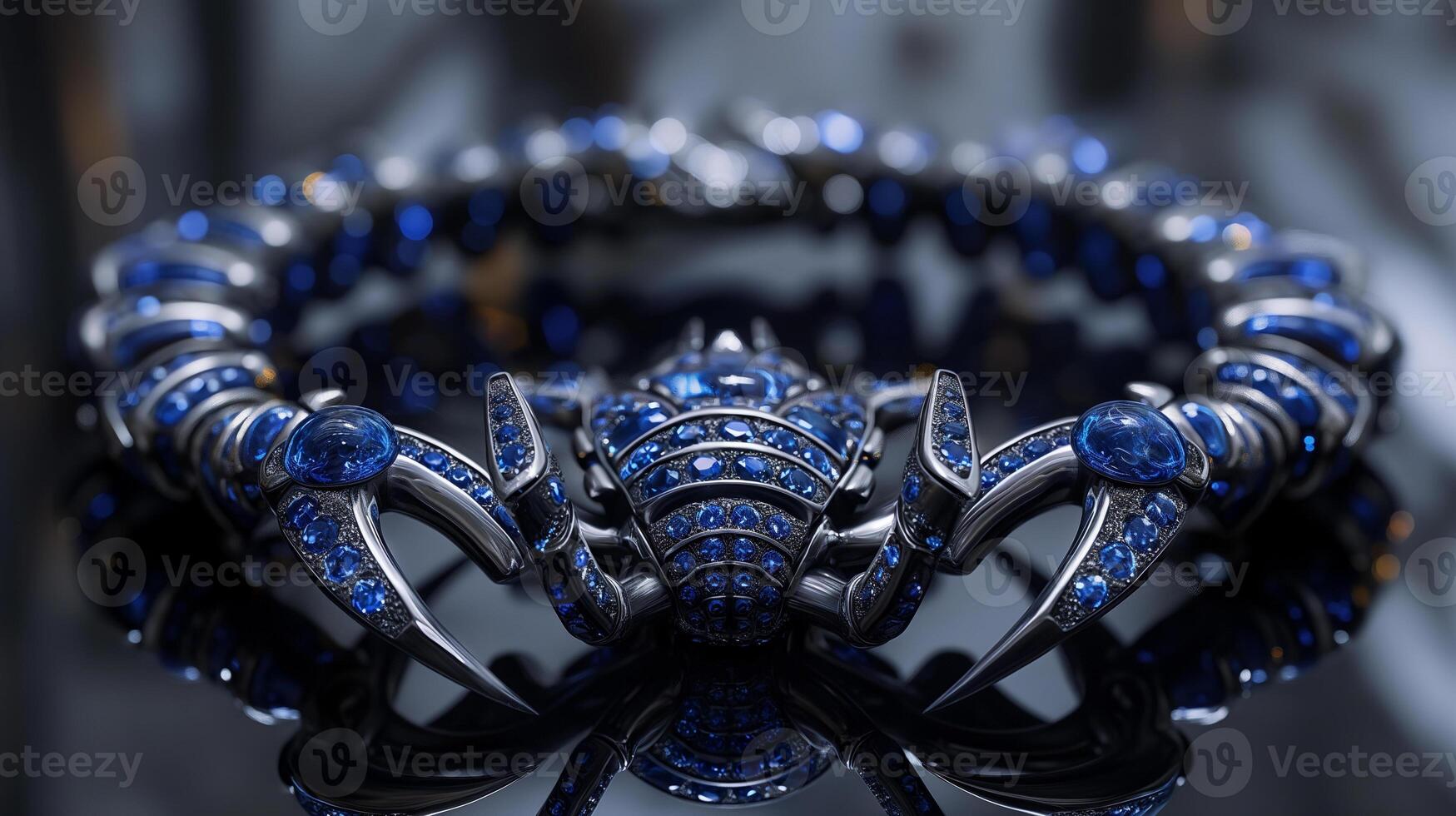 An edgy, futuristic scorpion-shaped bracelet featuring neon blue sapphires and polished silver. photo