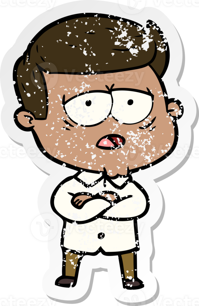 distressed sticker of a cartoon tired man png