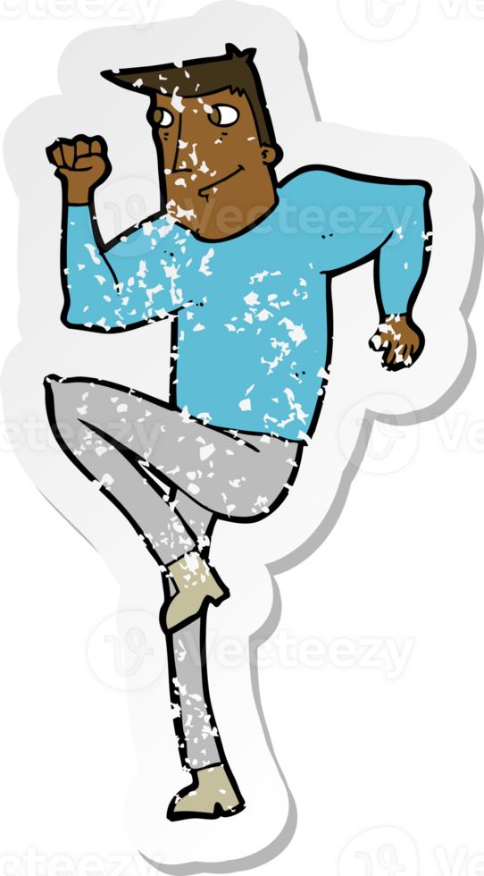 retro distressed sticker of a cartoon man jogging on spot png