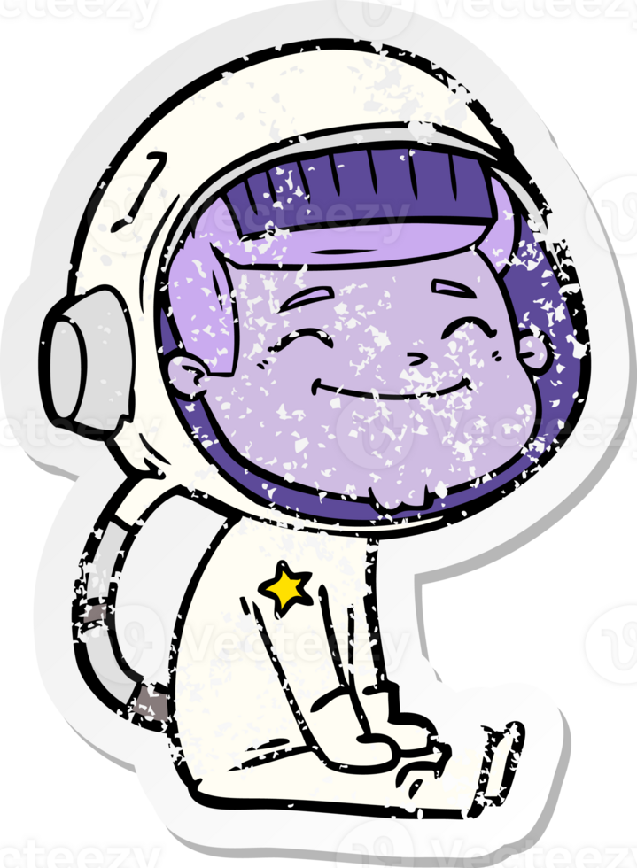 distressed sticker of a happy cartoon astronaut png
