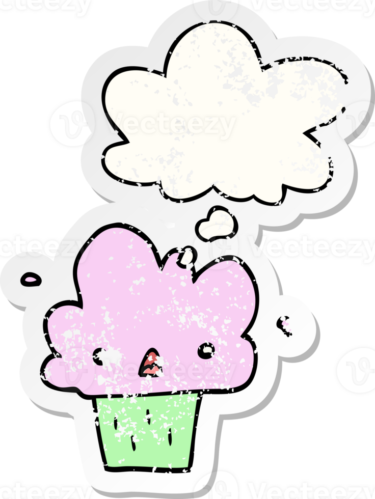 cartoon cupcake with thought bubble as a distressed worn sticker png