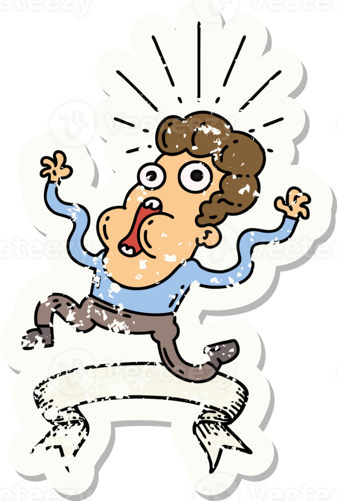 worn old sticker of a tattoo style frightened man png