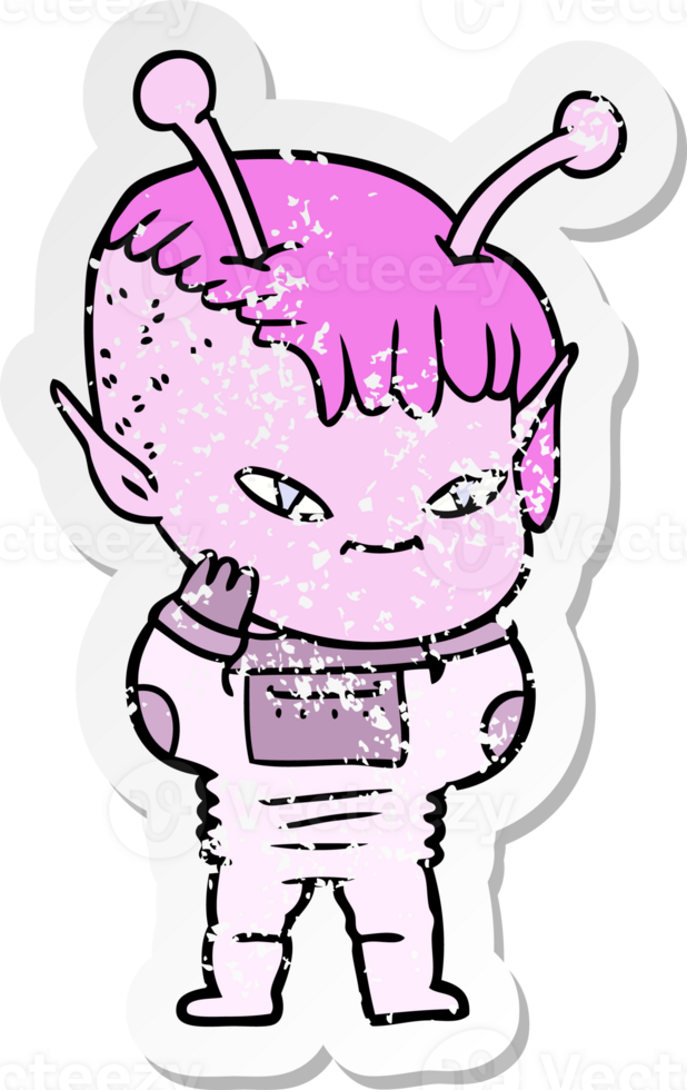 distressed sticker of a cute cartoon alien girl png