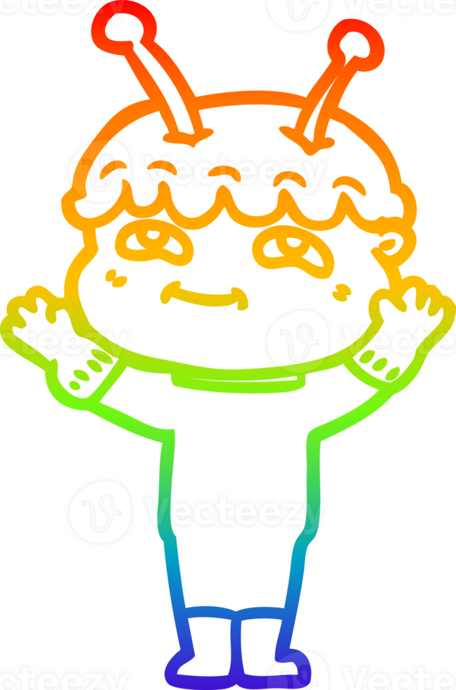 rainbow gradient line drawing of a friendly cartoon spaceman waving png