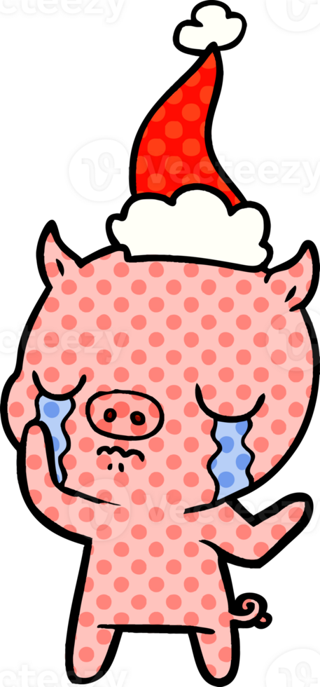 hand drawn comic book style illustration of a pig crying wearing santa hat png