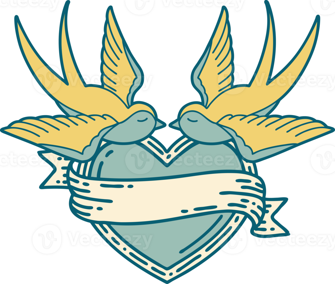 iconic tattoo style image of swallows and a heart with banner png