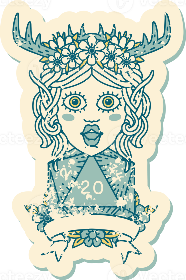 Retro Tattoo Style elf druid character with natural 20 dice roll png