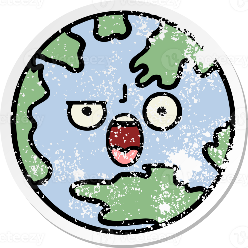 distressed sticker of a cute cartoon planet earth png