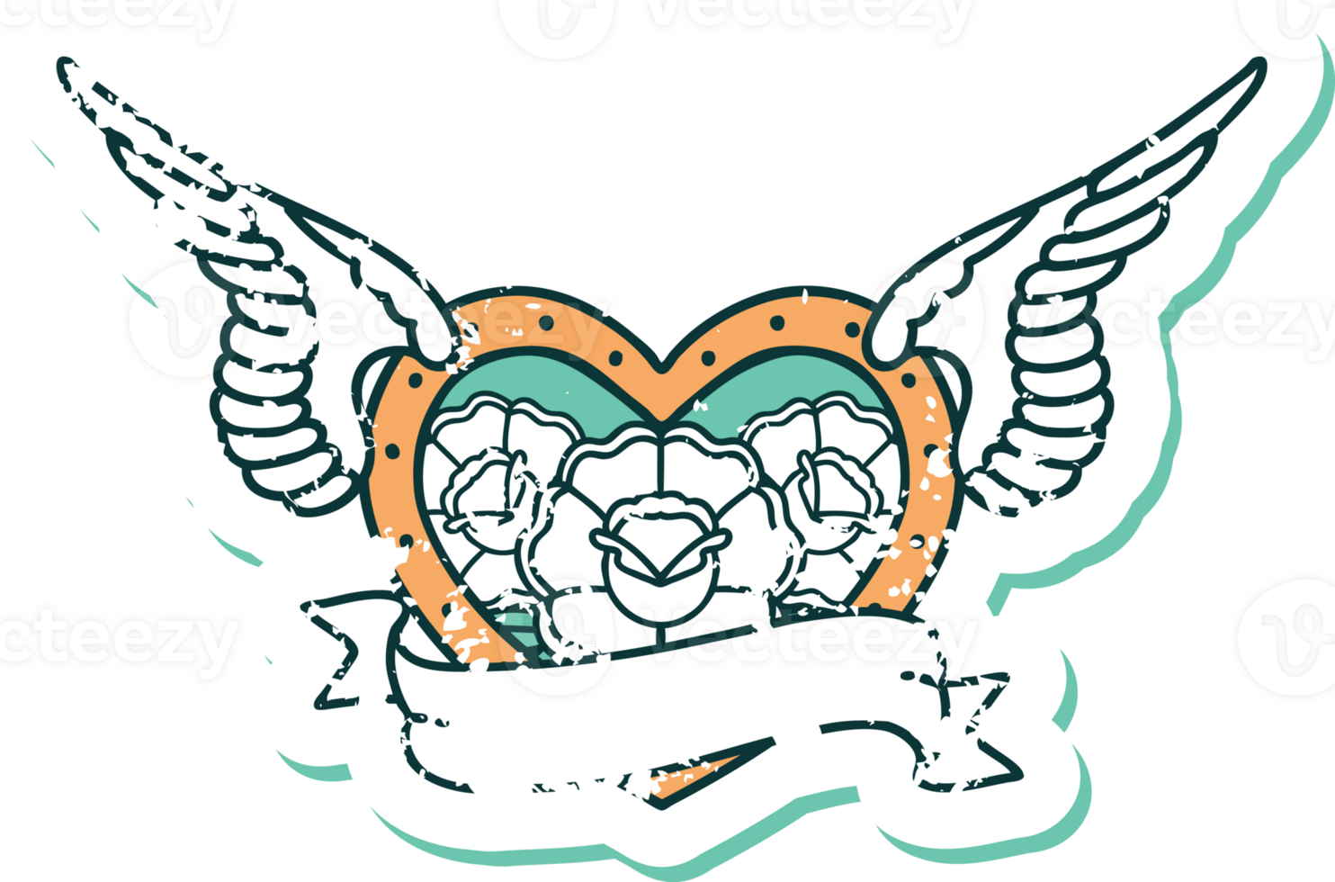 iconic distressed sticker tattoo style image of a flying heart with flowers and banner png