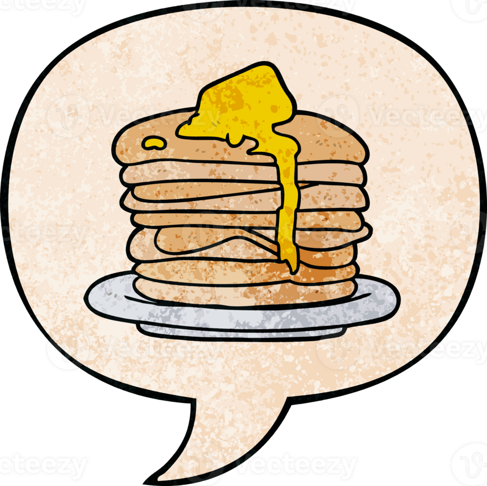 cartoon stack of pancakes with speech bubble in retro texture style png