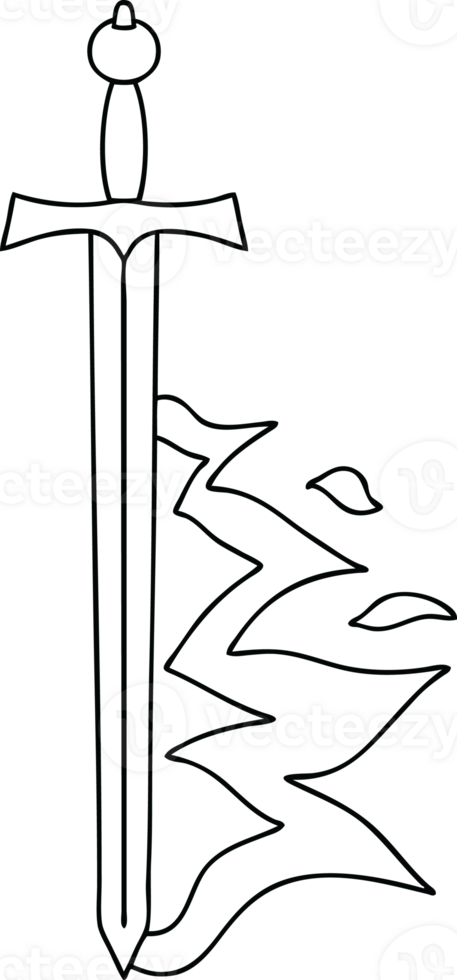 line drawing quirky cartoon flaming sword png