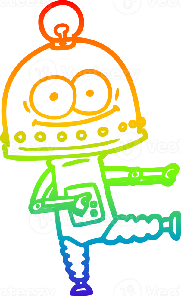 rainbow gradient line drawing of a happy carton robot with light bulb png