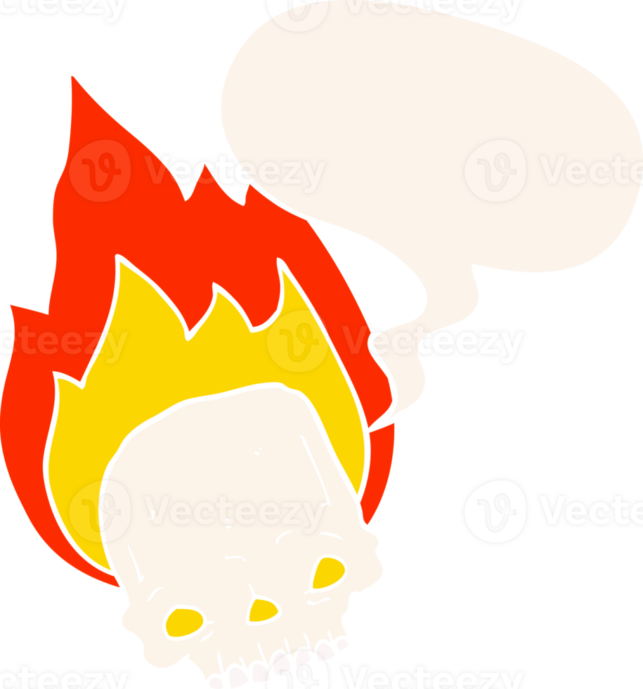 spooky cartoon flaming skull with speech bubble in retro style png
