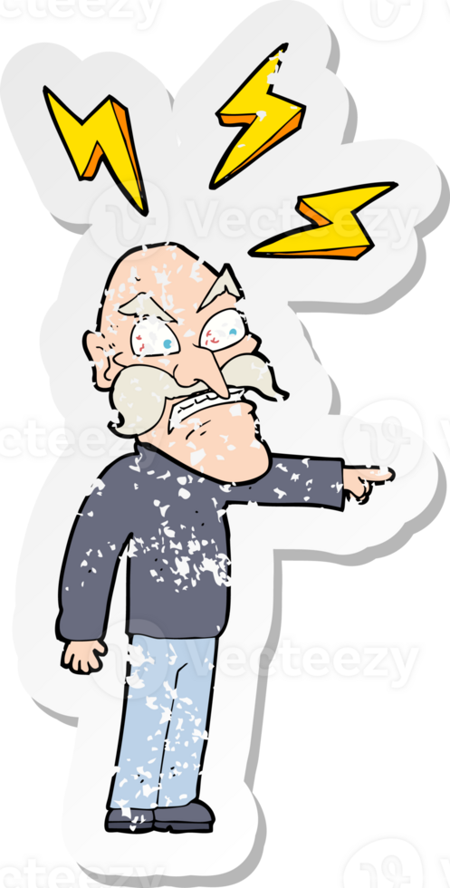 retro distressed sticker of a cartoon angry old man png
