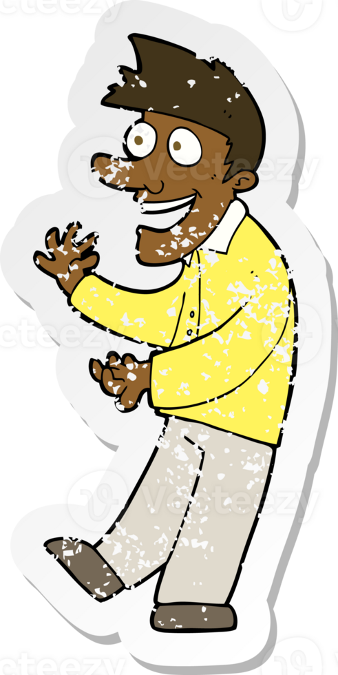 retro distressed sticker of a cartoon excited man png