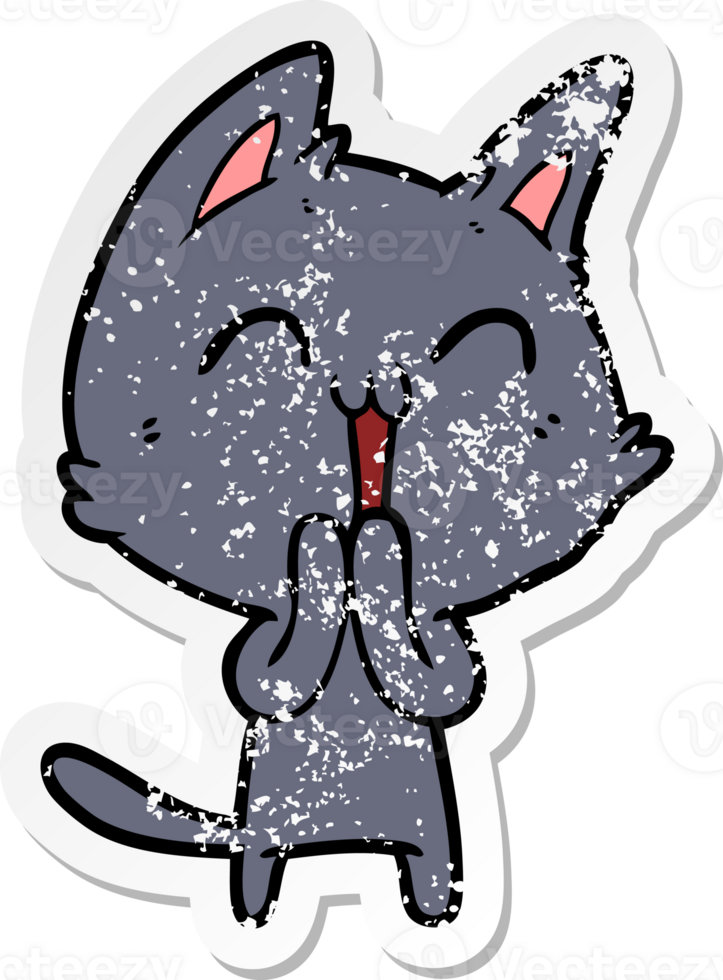distressed sticker of a happy cartoon cat png