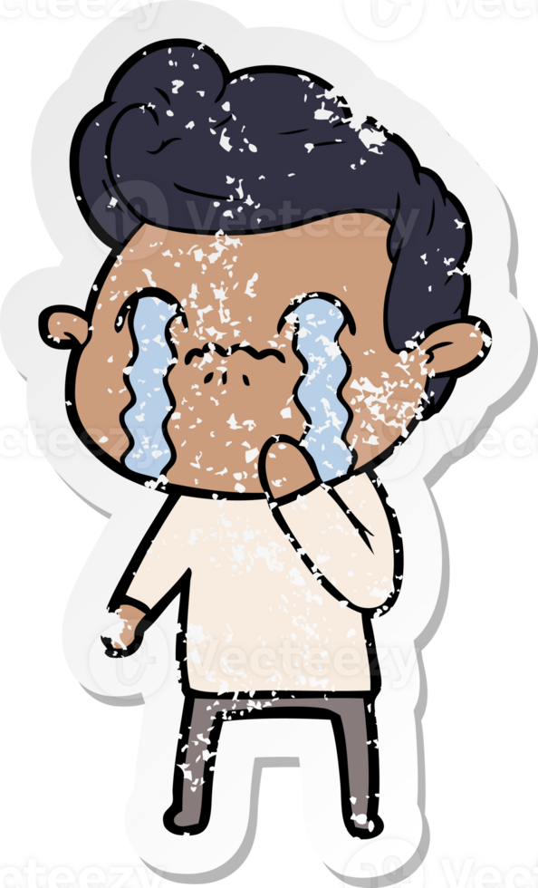 distressed sticker of a cartoon man crying png