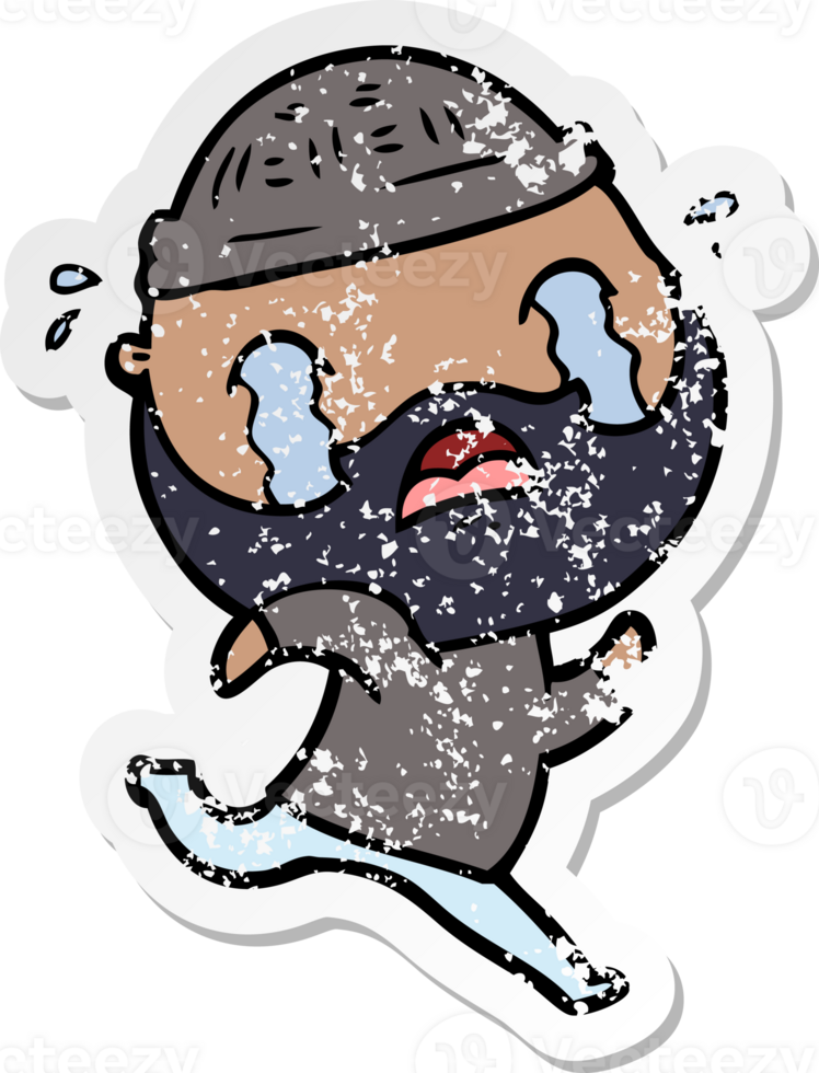 distressed sticker of a cartoon bearded man crying png