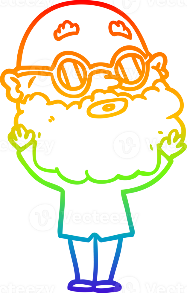rainbow gradient line drawing of a cartoon curious man with beard and glasses png
